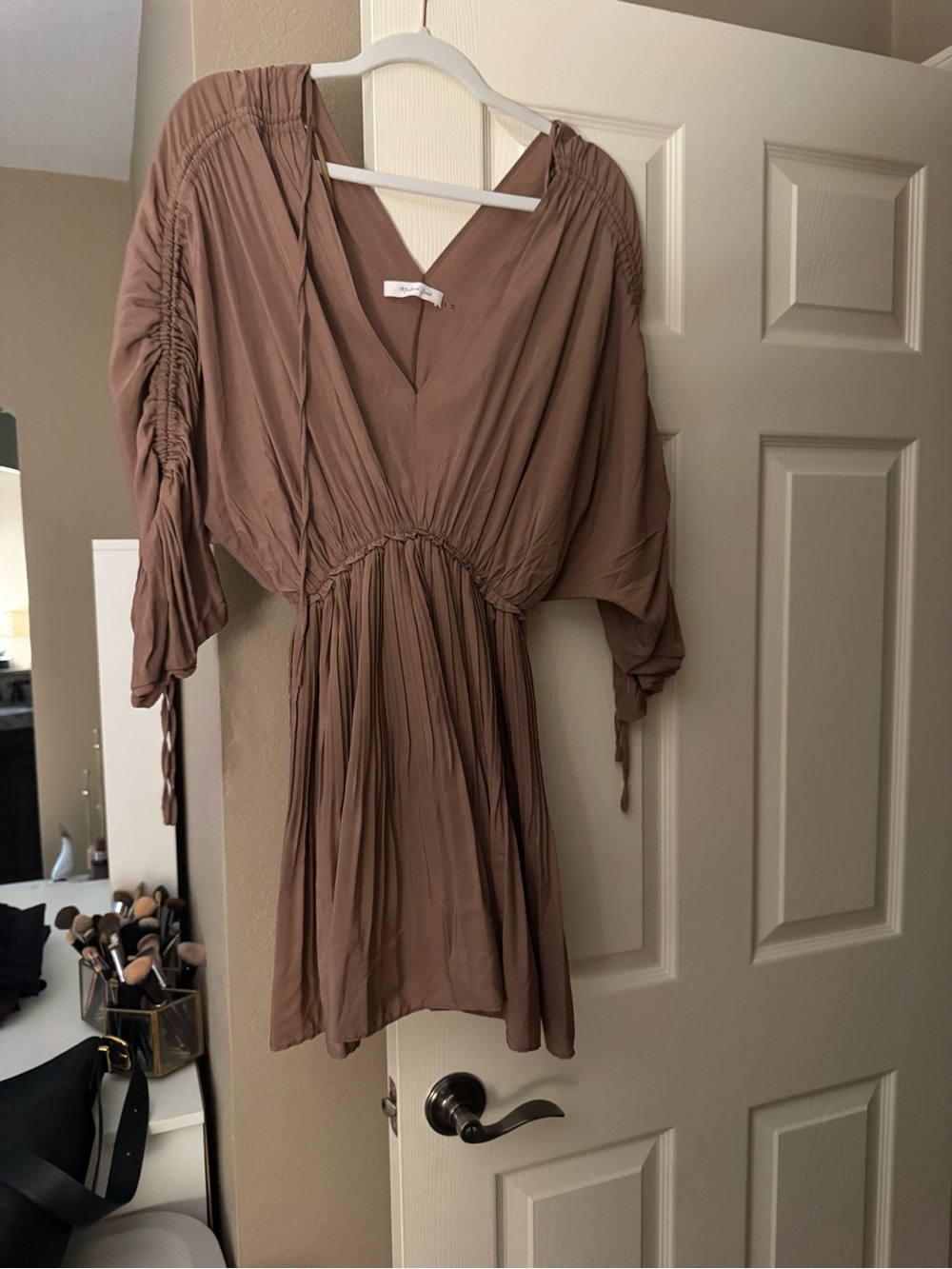 Taupe V-Neck Pleated Mini Dress